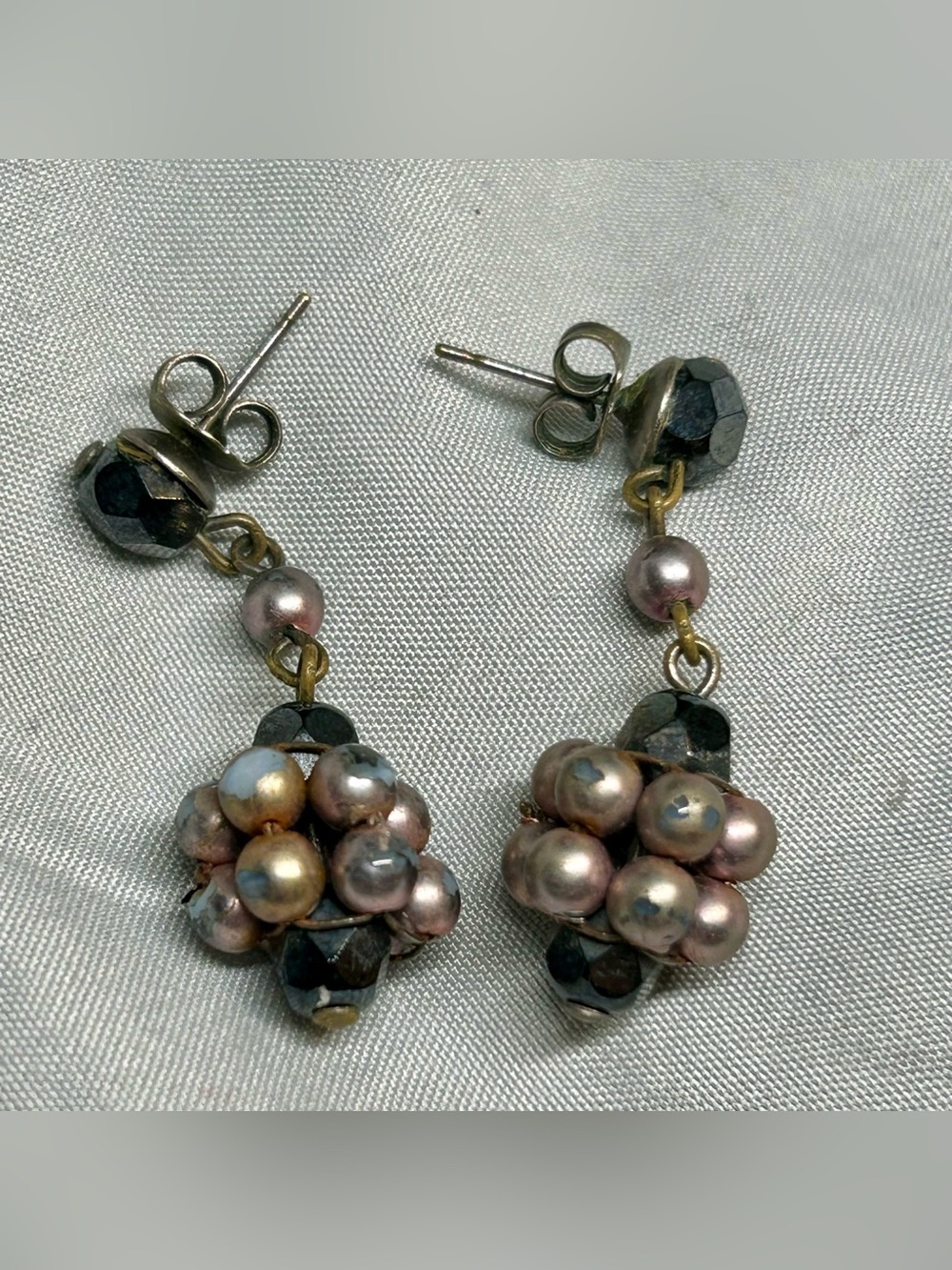 Vintage Pearl Cluster Dangle Earrings in Iridescent Pink from Spain